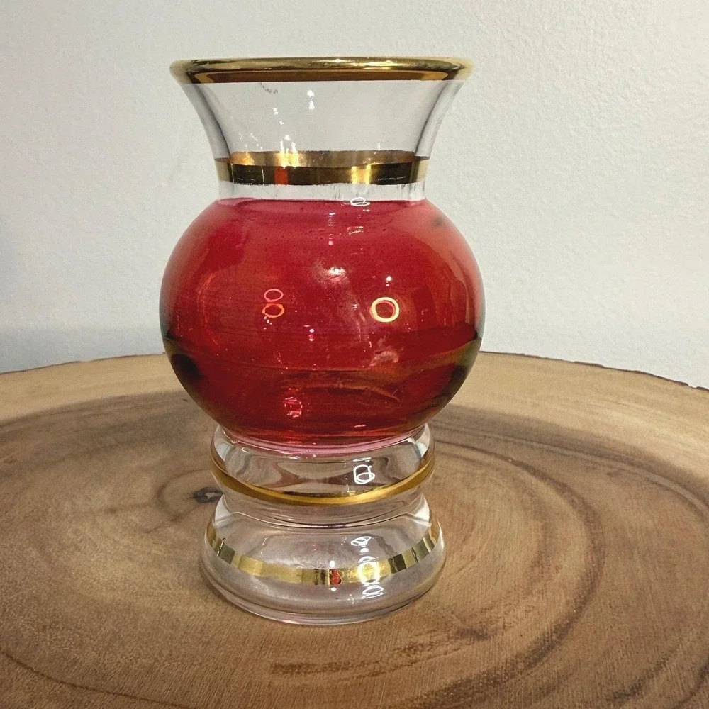Vintage Cranberry Glass Bud Vase Gold Rim Small‎ Boho Decor Hollywood Regency